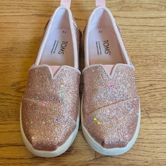TOMS: GIRLS 'ALPARGATA COSMIC GLITTER' ROSE GOLD SPARKLE ESPADRILLES-SIZE 2Y - Picture 2 of 3